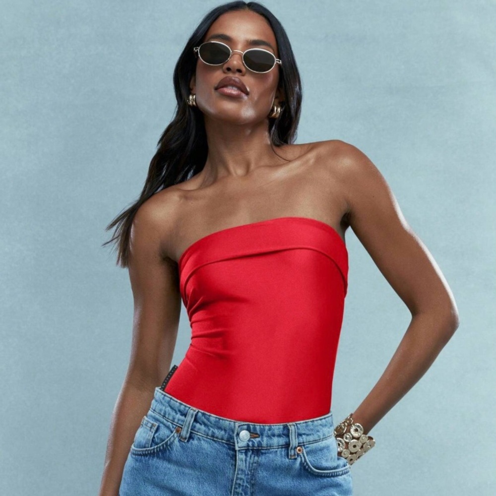 Missguided red satin bandeau bodysuit